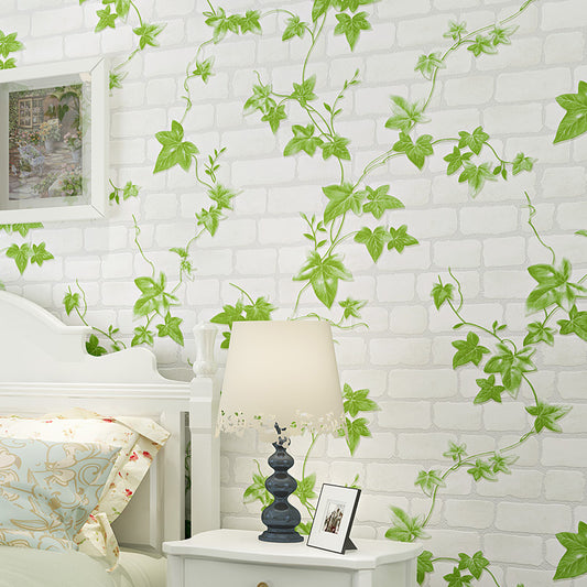 Creeper and Brickwork Wallpaper Roll Green and White Country Wall Decor for Bedroom Clearhalo 'Country wall decor' 'Rustic' 'Wallpaper' Wall Decor' 1756936