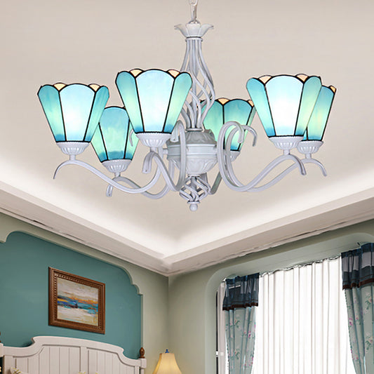 White Finish Cone Ceiling Chandelier Traditional Stained Glass Multi Light Pendant Light in Blue/White Blue Clearhalo 'Ceiling Lights' 'Chandeliers' 'Industrial' 'Middle Century Chandeliers' 'Tiffany Chandeliers' 'Tiffany close to ceiling' 'Tiffany' Lighting' 175693