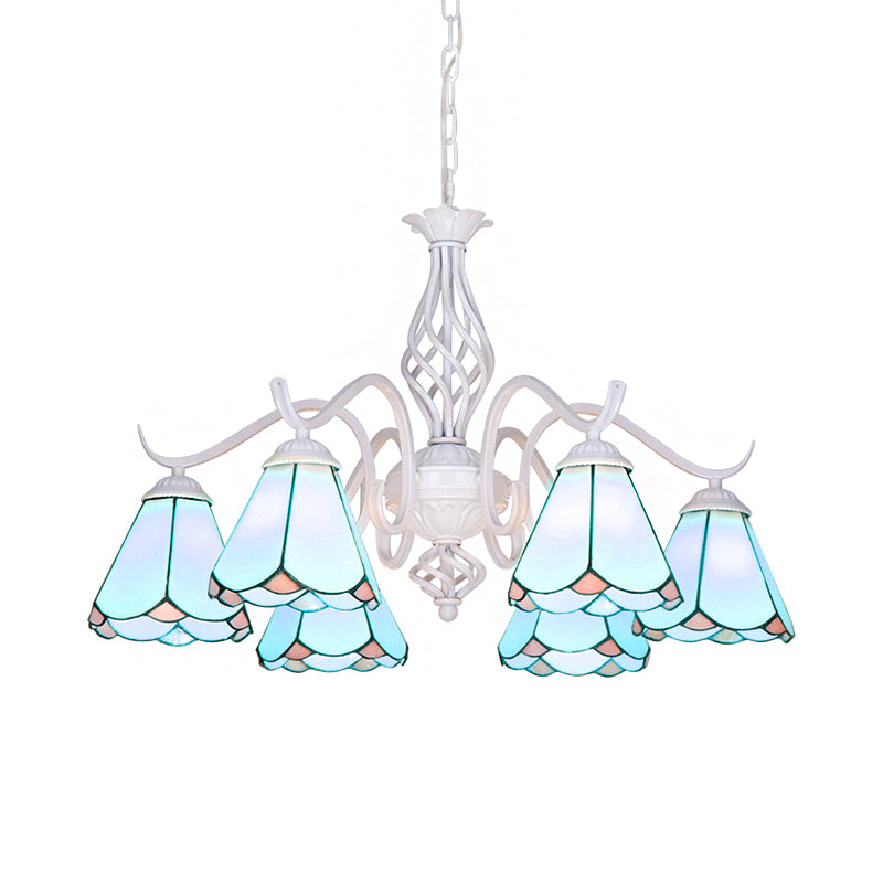White Finish Cone Ceiling Chandelier Traditional Stained Glass Multi Light Pendant Light in Blue/White Clearhalo 'Ceiling Lights' 'Chandeliers' 'Industrial' 'Middle Century Chandeliers' 'Tiffany Chandeliers' 'Tiffany close to ceiling' 'Tiffany' Lighting' 175694