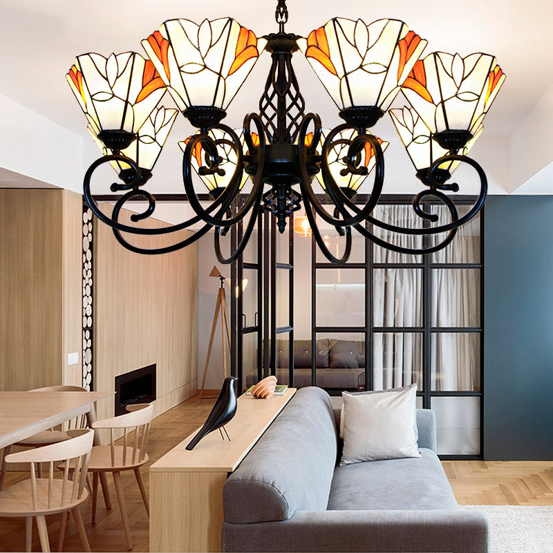 Magnolia Hanging Light with Metal Chain Multi Light Lodge Stained Glass Pendant Lighting for Living Room White Clearhalo 'Ceiling Lights' 'Chandeliers' 'Industrial' 'Middle Century Chandeliers' 'Tiffany Chandeliers' 'Tiffany close to ceiling' 'Tiffany' Lighting' 175695