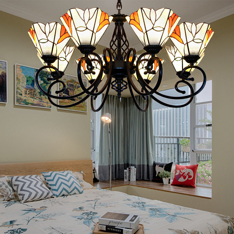 Magnolia Hanging Light with Metal Chain Multi Light Lodge Stained Glass Pendant Lighting for Living Room Clearhalo 'Ceiling Lights' 'Chandeliers' 'Industrial' 'Middle Century Chandeliers' 'Tiffany Chandeliers' 'Tiffany close to ceiling' 'Tiffany' Lighting' 175696