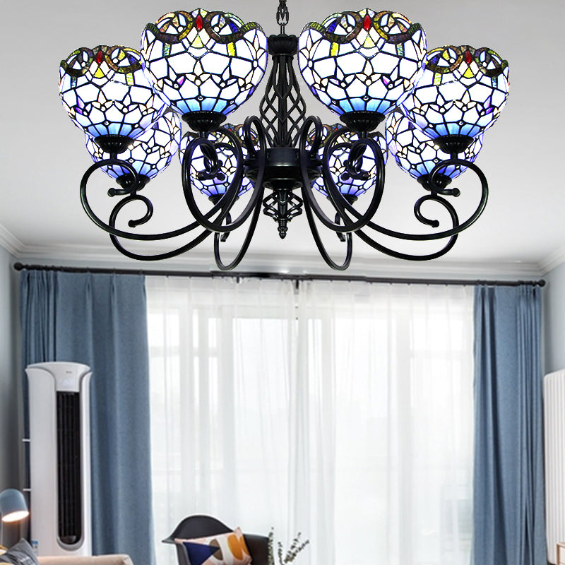 Baroque Chandelier Light with Bowl Shade Blue/Brown Glass Hanging Ceiling Light in Black Finish for Foyer Blue Clearhalo 'Ceiling Lights' 'Chandeliers' 'Industrial' 'Middle Century Chandeliers' 'Tiffany Chandeliers' 'Tiffany close to ceiling' 'Tiffany' Lighting' 175699