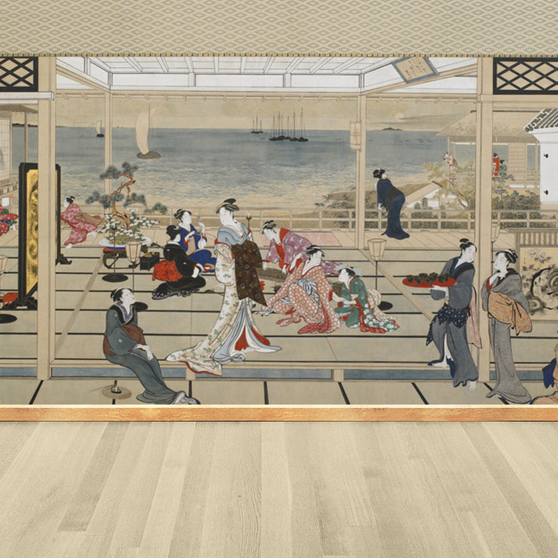 Full Size Illustration Modern Mural Wallpaper with Asian Ancient Figures in Light Color Clearhalo 'Wall Decor' 'Wall Mural' 1756998