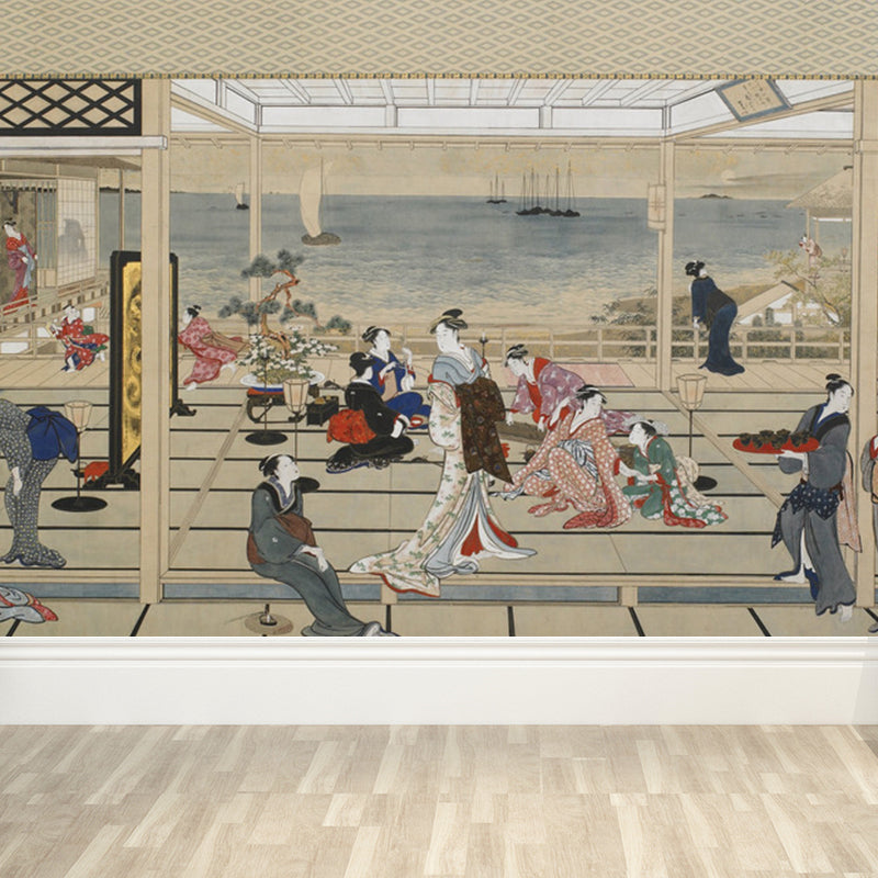 Full Size Illustration Modern Mural Wallpaper with Asian Ancient Figures in Light Color Clearhalo 'Wall Decor' 'Wall Mural' 1756999