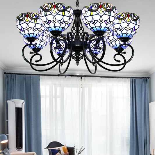 Baroque Chandelier Light with Bowl Shade Blue/Brown Glass Hanging Ceiling Light in Black Finish for Foyer Blue Clearhalo 'Ceiling Lights' 'Chandeliers' 'Industrial' 'Middle Century Chandeliers' 'Tiffany Chandeliers' 'Tiffany close to ceiling' 'Tiffany' Lighting' 175699