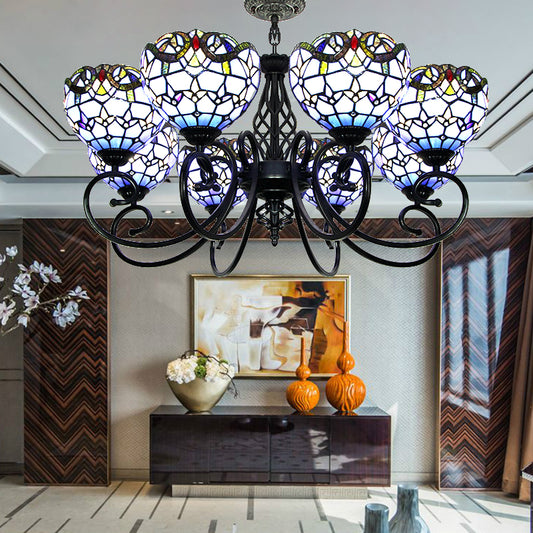 Baroque Chandelier Light with Bowl Shade Blue/Brown Glass Hanging Ceiling Light in Black Finish for Foyer Clearhalo 'Ceiling Lights' 'Chandeliers' 'Industrial' 'Middle Century Chandeliers' 'Tiffany Chandeliers' 'Tiffany close to ceiling' 'Tiffany' Lighting' 175700