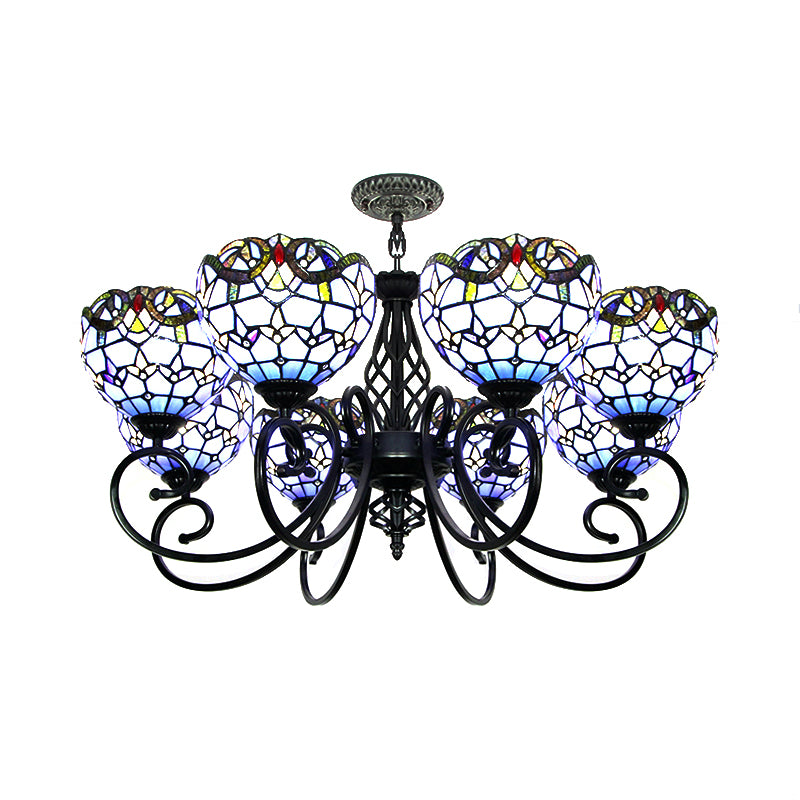 Baroque Chandelier Light with Bowl Shade Blue/Brown Glass Hanging Ceiling Light in Black Finish for Foyer Clearhalo 'Ceiling Lights' 'Chandeliers' 'Industrial' 'Middle Century Chandeliers' 'Tiffany Chandeliers' 'Tiffany close to ceiling' 'Tiffany' Lighting' 175701