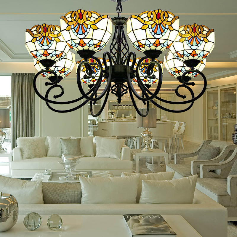 Baroque Chandelier Light with Bowl Shade Blue/Brown Glass Hanging Ceiling Light in Black Finish for Foyer Brown Clearhalo 'Ceiling Lights' 'Chandeliers' 'Industrial' 'Middle Century Chandeliers' 'Tiffany Chandeliers' 'Tiffany close to ceiling' 'Tiffany' Lighting' 175703