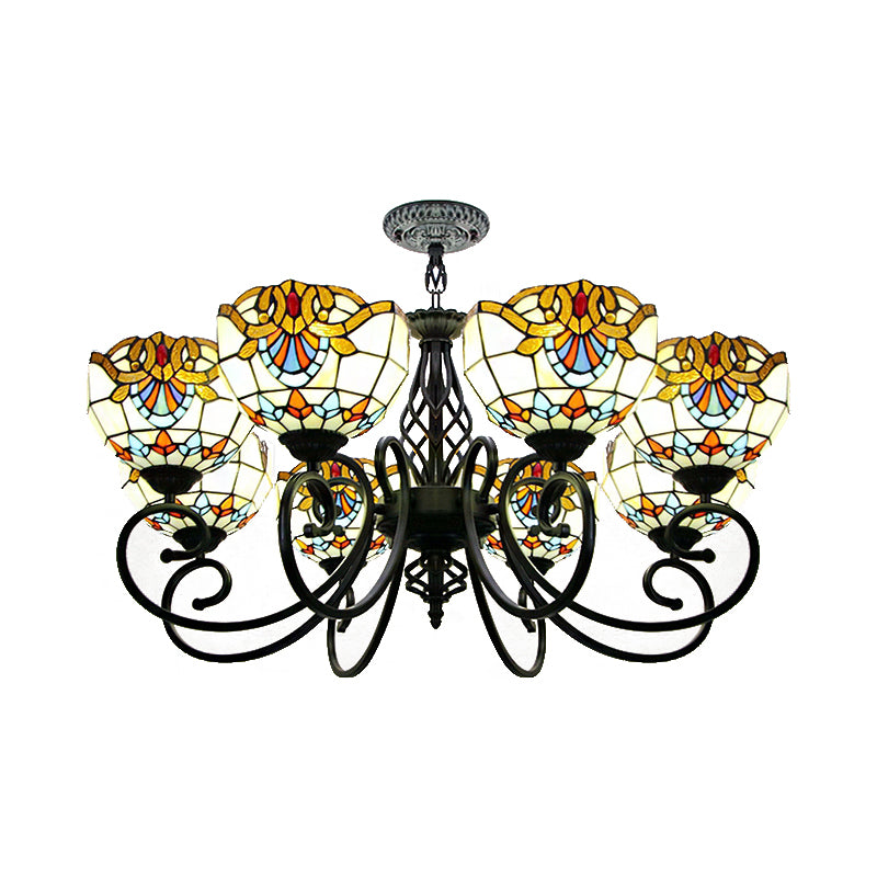 Baroque Chandelier Light with Bowl Shade Blue/Brown Glass Hanging Ceiling Light in Black Finish for Foyer Clearhalo 'Ceiling Lights' 'Chandeliers' 'Industrial' 'Middle Century Chandeliers' 'Tiffany Chandeliers' 'Tiffany close to ceiling' 'Tiffany' Lighting' 175704