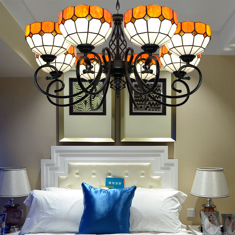 Stained Glass Bowl Hanging Light with Adjustable Metal Chain Multi Light Tiffany Chandelier in Orange Orange Clearhalo 'Ceiling Lights' 'Chandeliers' 'Industrial' 'Middle Century Chandeliers' 'Tiffany Chandeliers' 'Tiffany close to ceiling' 'Tiffany' Lighting' 175705