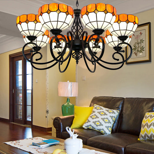 Stained Glass Bowl Hanging Light with Adjustable Metal Chain Multi Light Tiffany Chandelier in Orange Clearhalo 'Ceiling Lights' 'Chandeliers' 'Industrial' 'Middle Century Chandeliers' 'Tiffany Chandeliers' 'Tiffany close to ceiling' 'Tiffany' Lighting' 175706
