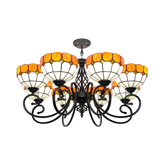 Stained Glass Bowl Hanging Light with Adjustable Metal Chain Multi Light Tiffany Chandelier in Orange Clearhalo 'Ceiling Lights' 'Chandeliers' 'Industrial' 'Middle Century Chandeliers' 'Tiffany Chandeliers' 'Tiffany close to ceiling' 'Tiffany' Lighting' 175707