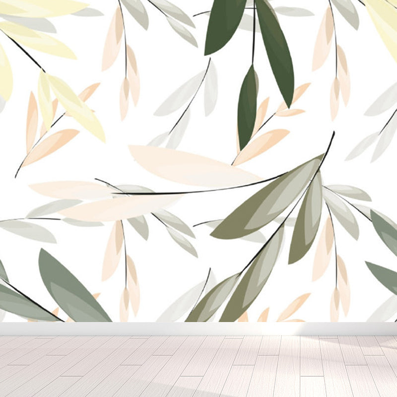 Illustration Style Leaves Wall Mural Giant Wall Covering for Dining Room, Custom White Clearhalo 'Wall Decor' 'Wall Mural' 1757102