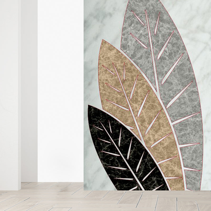 Illustration Style Leaves Wall Mural Giant Wall Covering for Dining Room, Custom Grey Clearhalo 'Wall Decor' 'Wall Mural' 1757107