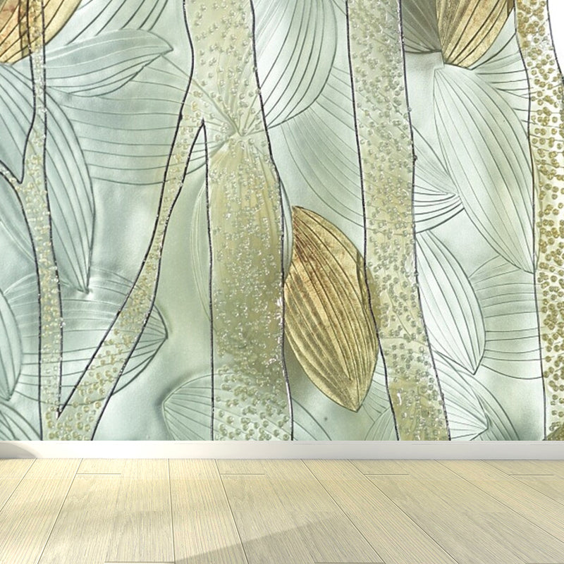 Illustration Style Leaves Wall Mural Giant Wall Covering for Dining Room, Custom Light Green Clearhalo 'Wall Decor' 'Wall Mural' 1757112