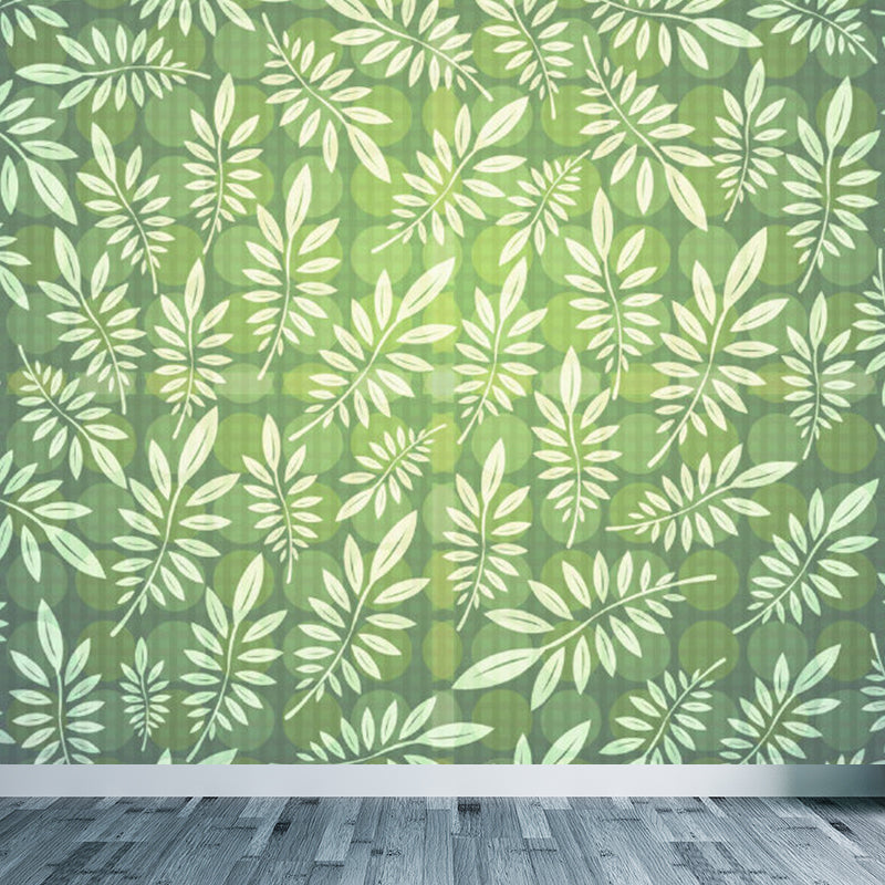 Illustration Style Leaves Wall Mural Giant Wall Covering for Dining Room, Custom Green Clearhalo 'Wall Decor' 'Wall Mural' 1757122