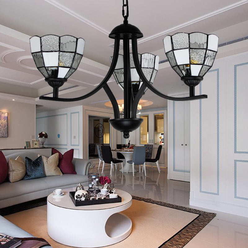 3 Lights Bowl Ceiling Hanging Light White Glass Tradition Chandelier Lamp in Black Finish for Foyer White Clearhalo 'Ceiling Lights' 'Chandeliers' 'Industrial' 'Middle Century Chandeliers' 'Tiffany Chandeliers' 'Tiffany close to ceiling' 'Tiffany' Lighting' 175713