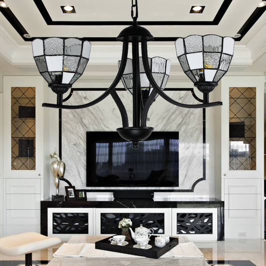 3 Lights Bowl Ceiling Hanging Light White Glass Tradition Chandelier Lamp in Black Finish for Foyer Clearhalo 'Ceiling Lights' 'Chandeliers' 'Industrial' 'Middle Century Chandeliers' 'Tiffany Chandeliers' 'Tiffany close to ceiling' 'Tiffany' Lighting' 175714