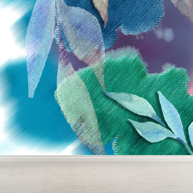 Stain Resistant Leaves Pattern Mural Non-Woven Modern Wall Decor for Girls Bedroom Blue Clearhalo 'Wall Decor' 'Wall Mural' 1757157
