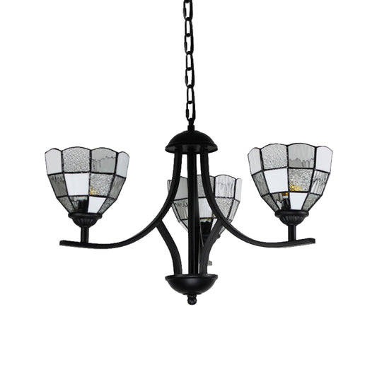 3 Lights Bowl Ceiling Hanging Light White Glass Tradition Chandelier Lamp in Black Finish for Foyer Clearhalo 'Ceiling Lights' 'Chandeliers' 'Industrial' 'Middle Century Chandeliers' 'Tiffany Chandeliers' 'Tiffany close to ceiling' 'Tiffany' Lighting' 175715