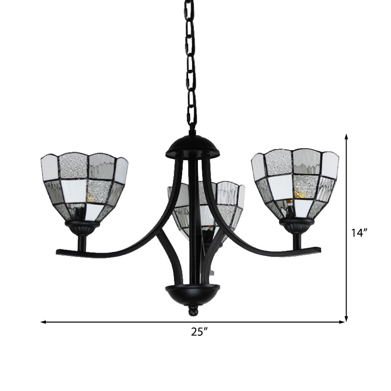3 Lights Bowl Ceiling Hanging Light White Glass Tradition Chandelier Lamp in Black Finish for Foyer Clearhalo 'Ceiling Lights' 'Chandeliers' 'Industrial' 'Middle Century Chandeliers' 'Tiffany Chandeliers' 'Tiffany close to ceiling' 'Tiffany' Lighting' 175716