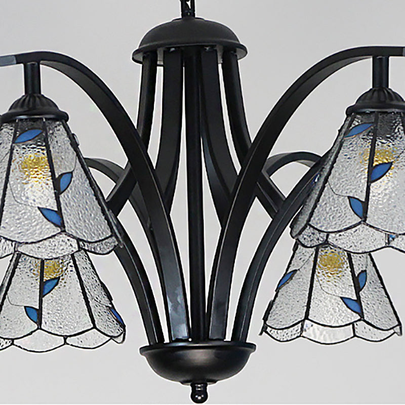 Multi Light Cone Chandelier with Leaf Pattern Stained Glass Traditional Ceiling Pendant Light in Blue/Green Clearhalo 'Ceiling Lights' 'Chandeliers' 'Industrial' 'Middle Century Chandeliers' 'Tiffany Chandeliers' 'Tiffany close to ceiling' 'Tiffany' Lighting' 175722