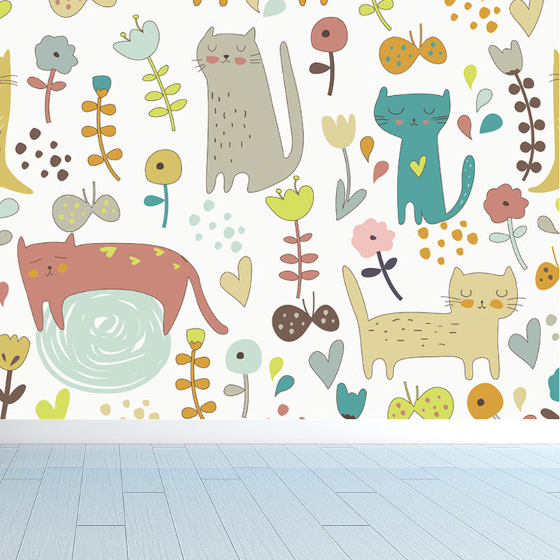 Cartoon Kitten Mural Wallpaper Colorful Moisture Resistant Wall Decor for Nursery Clearhalo 'Wall Decor' 'Wall Mural' 1757303