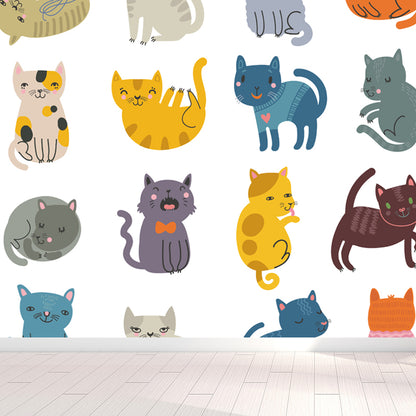 Cartoon Kitten Mural Wallpaper Colorful Moisture Resistant Wall Decor for Nursery Blue Clearhalo 'Wall Decor' 'Wall Mural' 1757307
