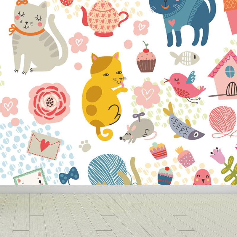 Cartoon Kitten Mural Wallpaper Colorful Moisture Resistant Wall Decor for Nursery Clearhalo 'Wall Decor' 'Wall Mural' 1757313