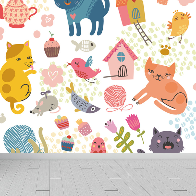 Cartoon Kitten Mural Wallpaper Colorful Moisture Resistant Wall Decor for Nursery Clearhalo 'Wall Decor' 'Wall Mural' 1757314
