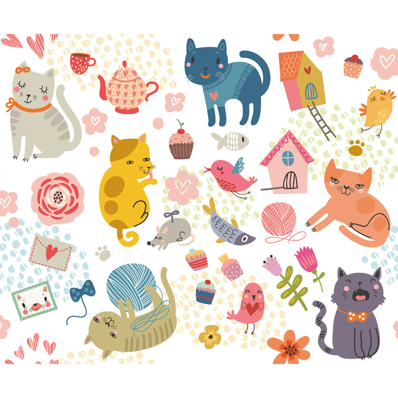 Cartoon Kitten Mural Wallpaper Colorful Moisture Resistant Wall Decor for Nursery Clearhalo 'Wall Decor' 'Wall Mural' 1757315