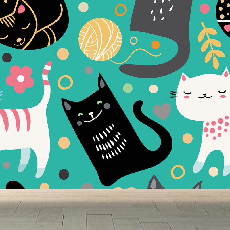 Cartoon Kitten Mural Wallpaper Colorful Moisture Resistant Wall Decor for Nursery Green Clearhalo 'Wall Decor' 'Wall Mural' 1757317