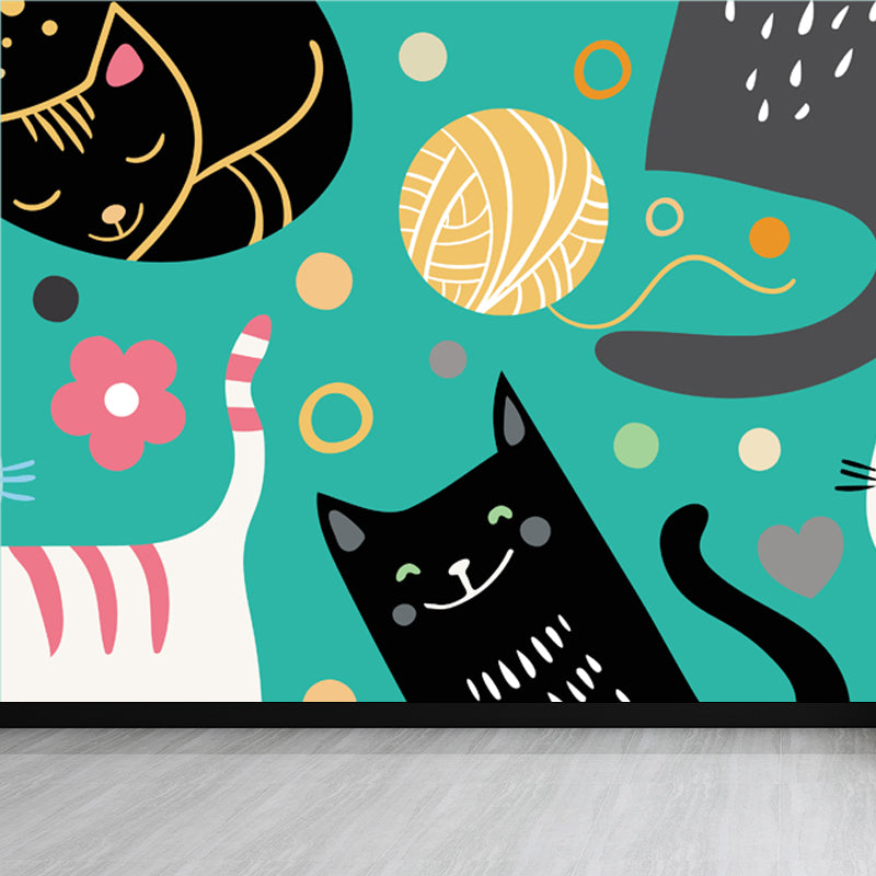 Cartoon Kitten Mural Wallpaper Colorful Moisture Resistant Wall Decor for Nursery Clearhalo 'Wall Decor' 'Wall Mural' 1757318