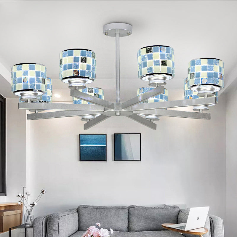 Blue/Yellow Glass Drum Indoor Lighting Fixture Mosaic Modern 8 Lights Chandelier Lighting for Living Room Blue Clearhalo 'Ceiling Lights' 'Chandeliers' 'Industrial' 'Middle Century Chandeliers' 'Tiffany Chandeliers' 'Tiffany close to ceiling' 'Tiffany' Lighting' 175733