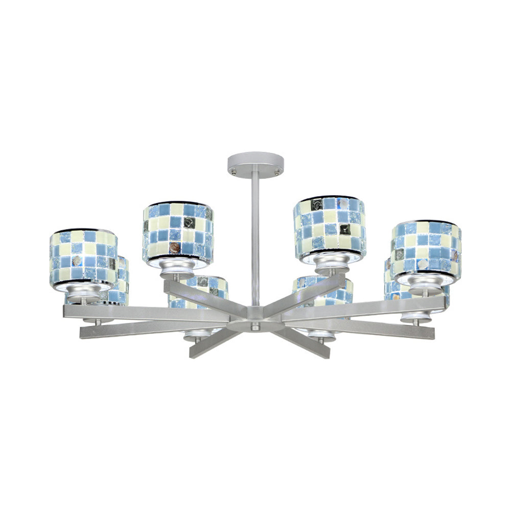 Blue/Yellow Glass Drum Indoor Lighting Fixture Mosaic Modern 8 Lights Chandelier Lighting for Living Room Clearhalo 'Ceiling Lights' 'Chandeliers' 'Industrial' 'Middle Century Chandeliers' 'Tiffany Chandeliers' 'Tiffany close to ceiling' 'Tiffany' Lighting' 175735