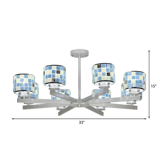 Blue/Yellow Glass Drum Indoor Lighting Fixture Mosaic Modern 8 Lights Chandelier Lighting for Living Room Clearhalo 'Ceiling Lights' 'Chandeliers' 'Industrial' 'Middle Century Chandeliers' 'Tiffany Chandeliers' 'Tiffany close to ceiling' 'Tiffany' Lighting' 175736