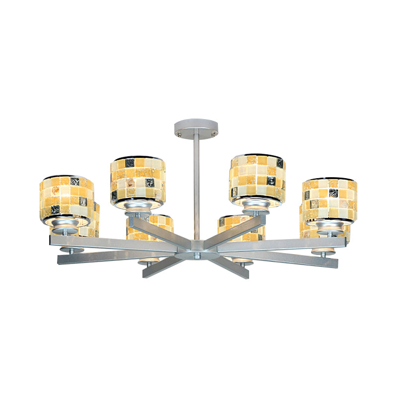 Blue/Yellow Glass Drum Indoor Lighting Fixture Mosaic Modern 8 Lights Chandelier Lighting for Living Room Clearhalo 'Ceiling Lights' 'Chandeliers' 'Industrial' 'Middle Century Chandeliers' 'Tiffany Chandeliers' 'Tiffany close to ceiling' 'Tiffany' Lighting' 175739