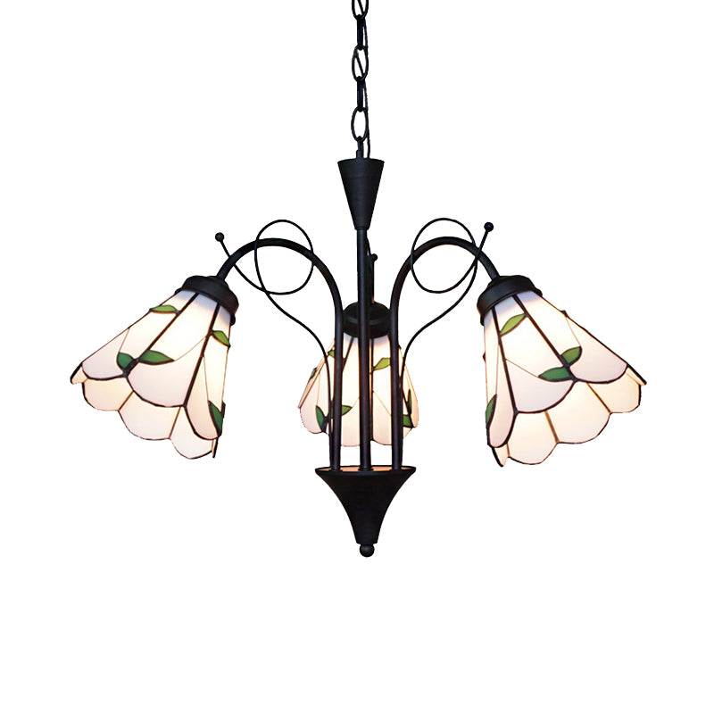 Beige Glass Cone Hanging Light with Leaf Traditional 3 Light Ceiling Chandelier for Living Room Clearhalo 'Ceiling Lights' 'Chandeliers' 'Industrial' 'Middle Century Chandeliers' 'Tiffany Chandeliers' 'Tiffany close to ceiling' 'Tiffany' Lighting' 175742
