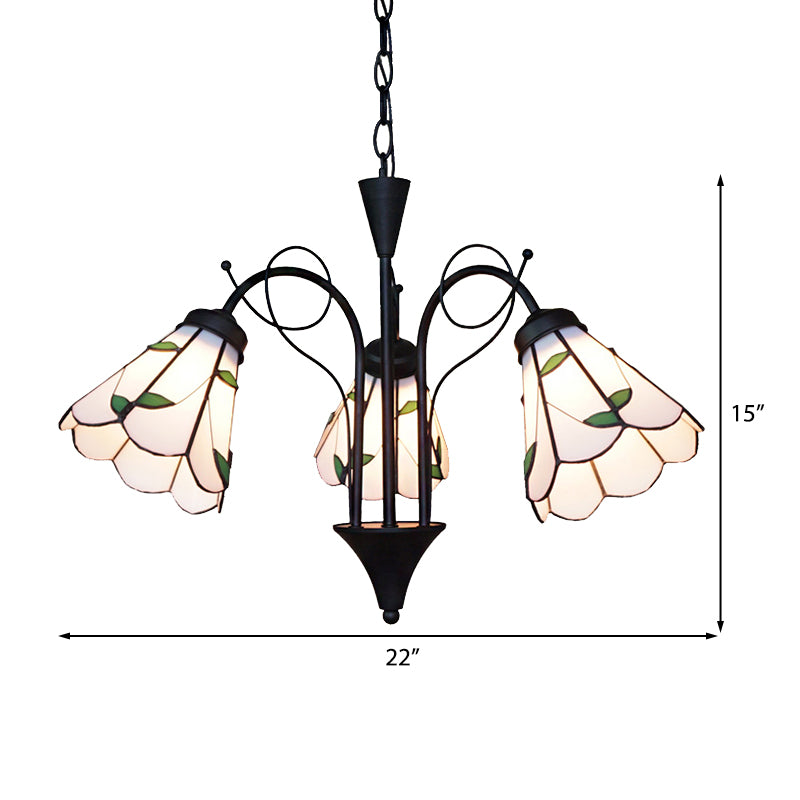 Beige Glass Cone Hanging Light with Leaf Traditional 3 Light Ceiling Chandelier for Living Room Clearhalo 'Ceiling Lights' 'Chandeliers' 'Industrial' 'Middle Century Chandeliers' 'Tiffany Chandeliers' 'Tiffany close to ceiling' 'Tiffany' Lighting' 175743