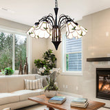 Stained Glass Leaf Chandelier Light with Metal Chain 5 Lights Rustic Pendant Light in Beige for Bedroom Beige Clearhalo 'Ceiling Lights' 'Chandeliers' 'Industrial' 'Middle Century Chandeliers' 'Tiffany Chandeliers' 'Tiffany close to ceiling' 'Tiffany' Lighting' 175745