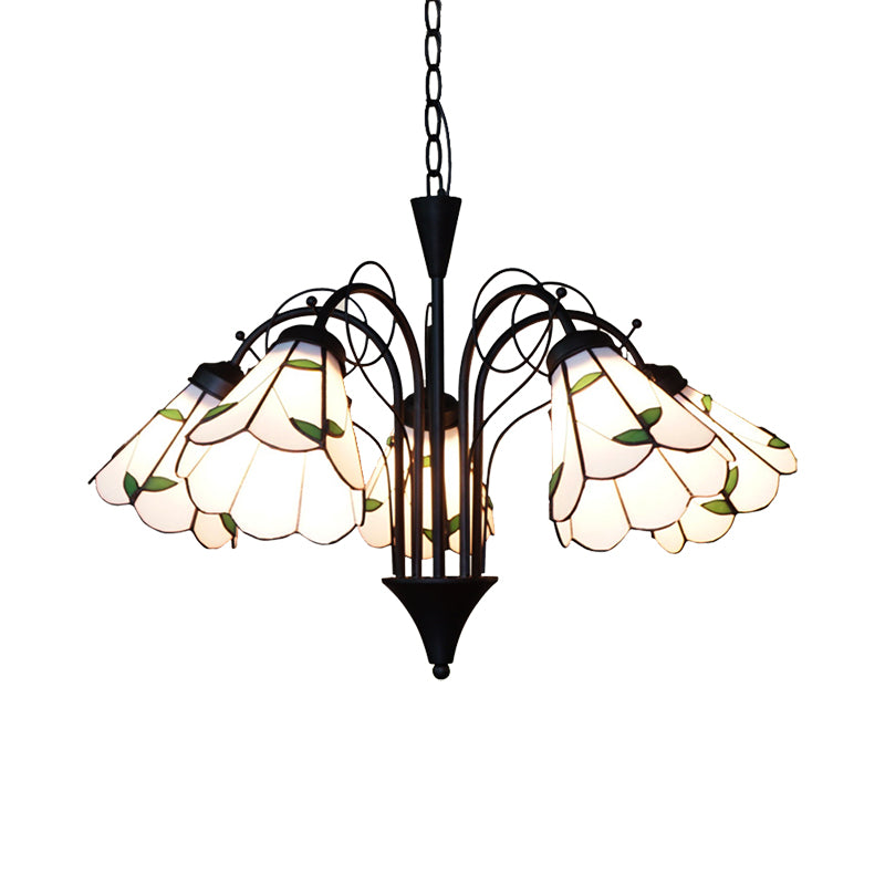 Stained Glass Leaf Chandelier Light with Metal Chain 5 Lights Rustic Pendant Light in Beige for Bedroom Clearhalo 'Ceiling Lights' 'Chandeliers' 'Industrial' 'Middle Century Chandeliers' 'Tiffany Chandeliers' 'Tiffany close to ceiling' 'Tiffany' Lighting' 175747