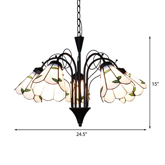 Stained Glass Leaf Chandelier Light with Metal Chain 5 Lights Rustic Pendant Light in Beige for Bedroom Clearhalo 'Ceiling Lights' 'Chandeliers' 'Industrial' 'Middle Century Chandeliers' 'Tiffany Chandeliers' 'Tiffany close to ceiling' 'Tiffany' Lighting' 175748