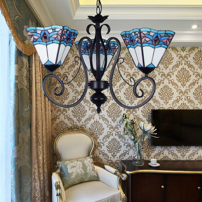 Pyramid Hanging Lighting with Metal Chain Adjustable 3 Lights Stained Glass Pendant Light in Blue Blue Clearhalo 'Ceiling Lights' 'Chandeliers' 'Industrial' 'Middle Century Chandeliers' 'Tiffany Chandeliers' 'Tiffany close to ceiling' 'Tiffany' Lighting' 175755