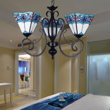 Pyramid Hanging Lighting with Metal Chain Adjustable 3 Lights Stained Glass Pendant Light in Blue Clearhalo 'Ceiling Lights' 'Chandeliers' 'Industrial' 'Middle Century Chandeliers' 'Tiffany Chandeliers' 'Tiffany close to ceiling' 'Tiffany' Lighting' 175756