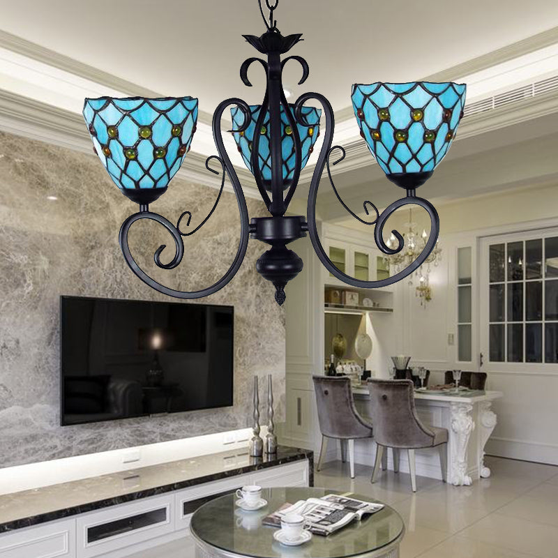 Bead Ceiling Pendant Light with Bowl Shade Blue Glass Traditional Chandelier with Metal Chain Blue Clearhalo 'Ceiling Lights' 'Chandeliers' 'Industrial' 'Middle Century Chandeliers' 'Tiffany Chandeliers' 'Tiffany close to ceiling' 'Tiffany' Lighting' 175763