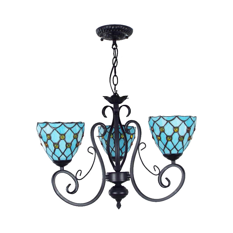 Bead Ceiling Pendant Light with Bowl Shade Blue Glass Traditional Chandelier with Metal Chain Clearhalo 'Ceiling Lights' 'Chandeliers' 'Industrial' 'Middle Century Chandeliers' 'Tiffany Chandeliers' 'Tiffany close to ceiling' 'Tiffany' Lighting' 175765