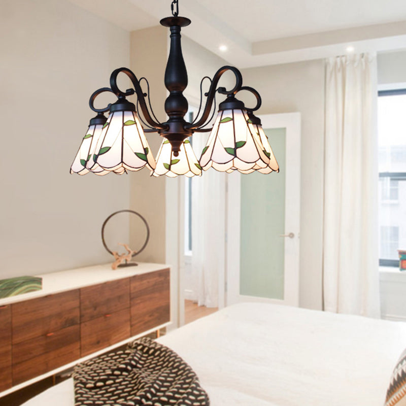Rustic Cone Ceiling Pendant Light with Gooseneck and Rhombus/Leaf Pattern 5 Lights Stained Glass Chandelier Lighting in Beige Clearhalo 'Ceiling Lights' 'Chandeliers' 'Industrial' 'Middle Century Chandeliers' 'Tiffany Chandeliers' 'Tiffany close to ceiling' 'Tiffany' Lighting' 175774