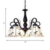 Rustic Cone Ceiling Pendant Light with Gooseneck and Rhombus/Leaf Pattern 5 Lights Stained Glass Chandelier Lighting in Beige Clearhalo 'Ceiling Lights' 'Chandeliers' 'Industrial' 'Middle Century Chandeliers' 'Tiffany Chandeliers' 'Tiffany close to ceiling' 'Tiffany' Lighting' 175776