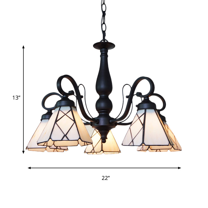 Rustic Cone Ceiling Pendant Light with Gooseneck and Rhombus/Leaf Pattern 5 Lights Stained Glass Chandelier Lighting in Beige Clearhalo 'Ceiling Lights' 'Chandeliers' 'Industrial' 'Middle Century Chandeliers' 'Tiffany Chandeliers' 'Tiffany close to ceiling' 'Tiffany' Lighting' 175780
