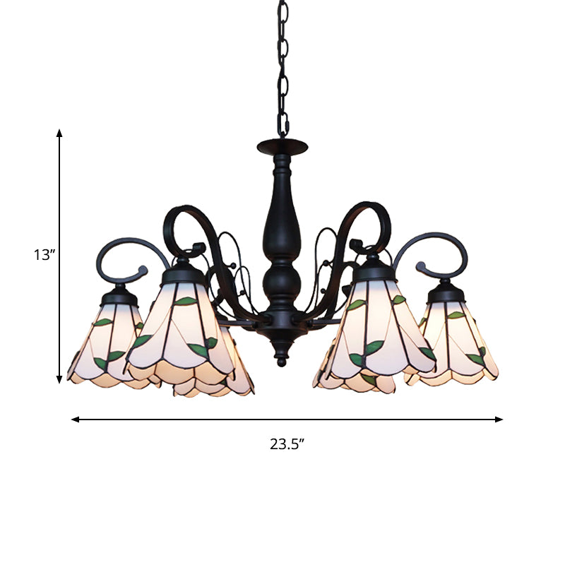 Multi Light Cone Chandelier Light with Rhombus/Leaf Pattern Beige Glass Vintage Indoor Lighting for Living Room Clearhalo 'Ceiling Lights' 'Chandeliers' 'Industrial' 'Middle Century Chandeliers' 'Tiffany Chandeliers' 'Tiffany close to ceiling' 'Tiffany' Lighting' 175784